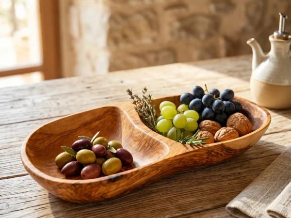 Assiette à goûter en bois dolivier - 2 compartiments